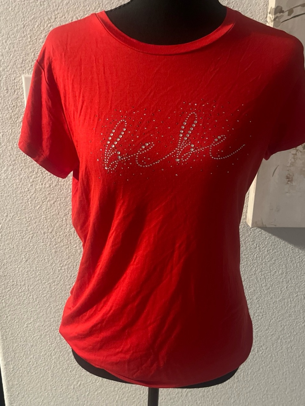 Bebe Red Women's Short-Sleeve Rhinestone Logo Tee